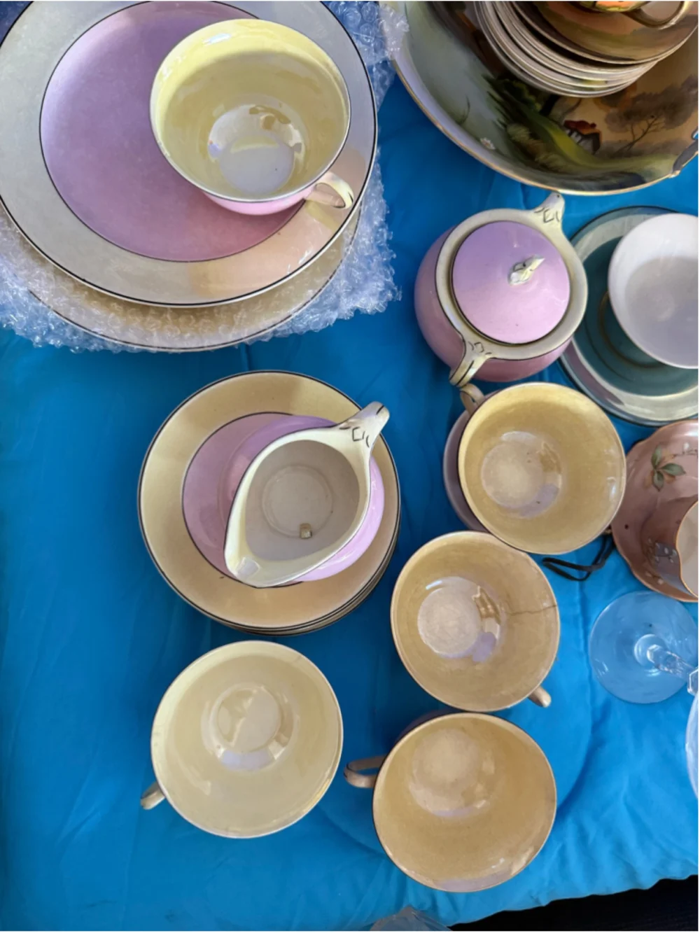 Antique 1920’s Pink and Yellow Tea Set with Creamer and Cups